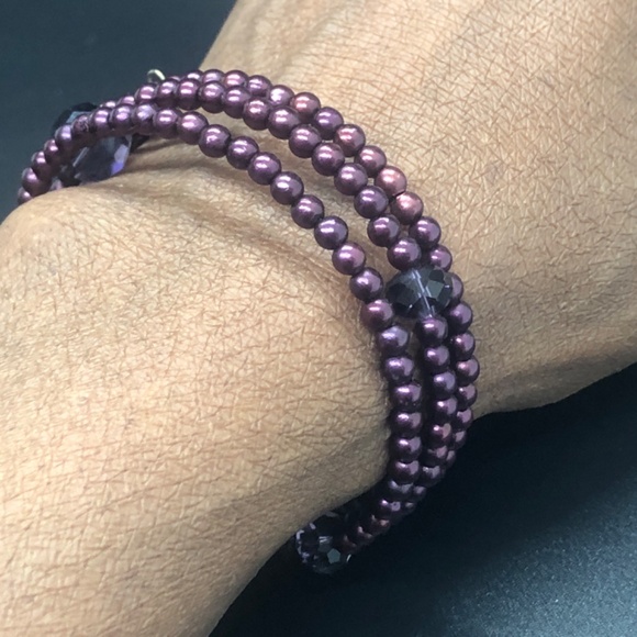 Eggplant Purple Faux Pearl 3 Coil Strand Wrap Bracelet - Picture 13 of 15